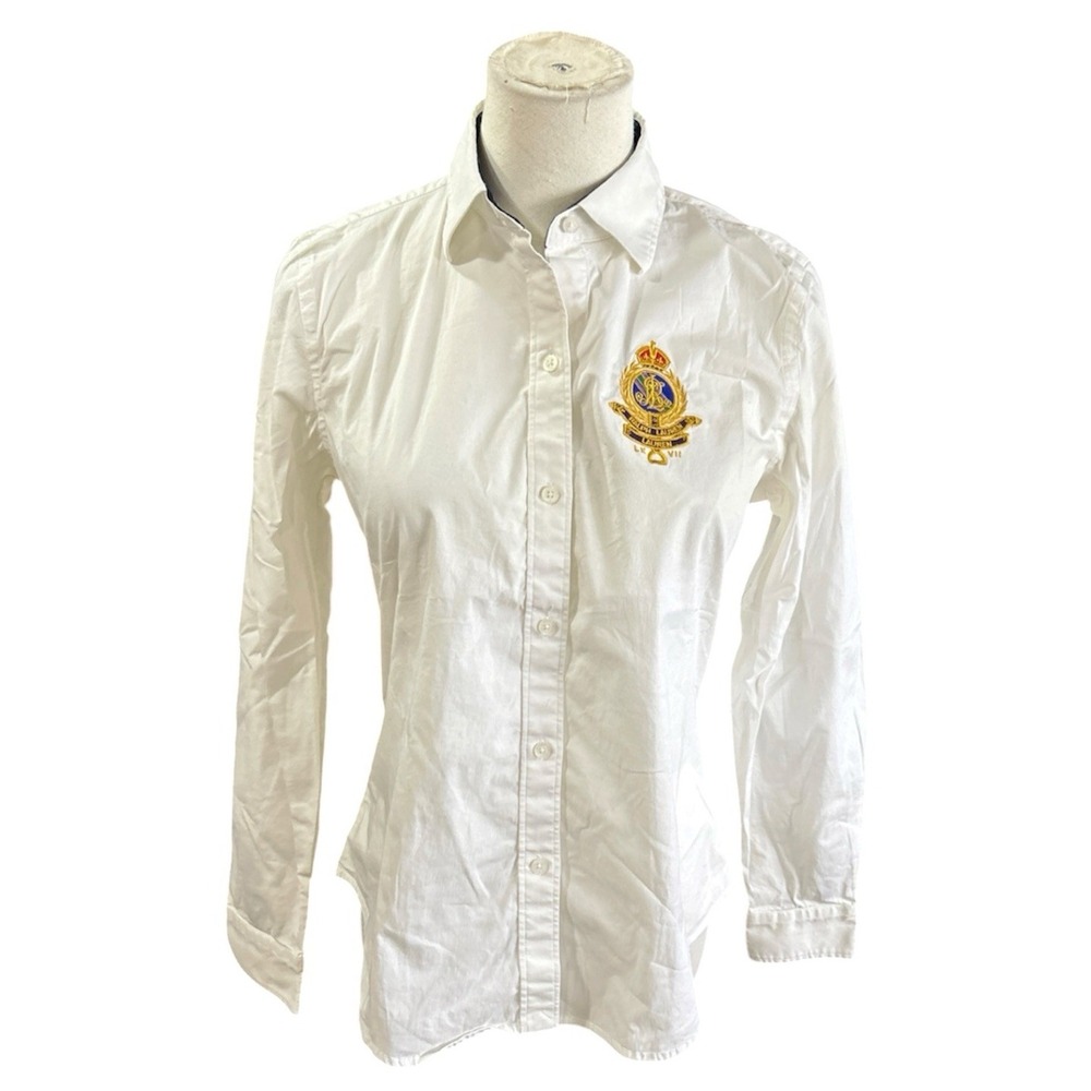 Lauren Ralph Lauren Womens Button Shirt PM Classic Large Logo Crest White